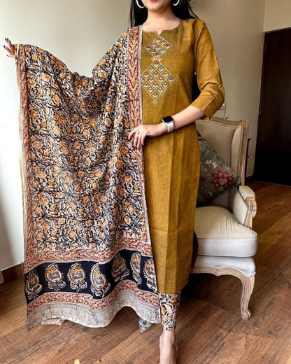 Libas Mustard Brown Embroidered Kurta Set With Floral Dupatta