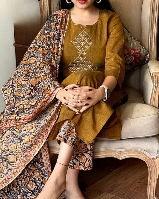 Libas Mustard Brown Embroidered Kurta Set With Floral Dupatta