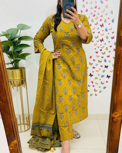 Libas Printed Mustard Kurta And Dupatta Set For Daily Elegance