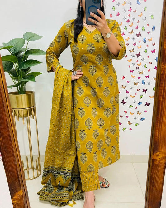 Libas Printed Mustard Kurta And Dupatta Set For Daily Elegance