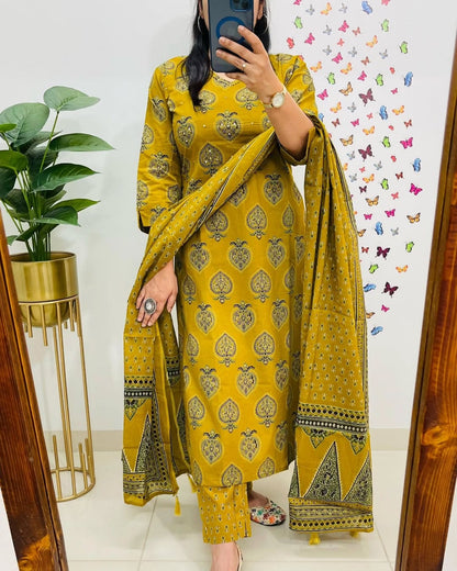 Libas Printed Mustard Kurta And Dupatta Set For Daily Elegance