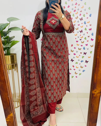 Libas Elegant Maroon Block Print Cotton Suit Set