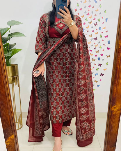 Libas Elegant Maroon Block Print Cotton Suit Set
