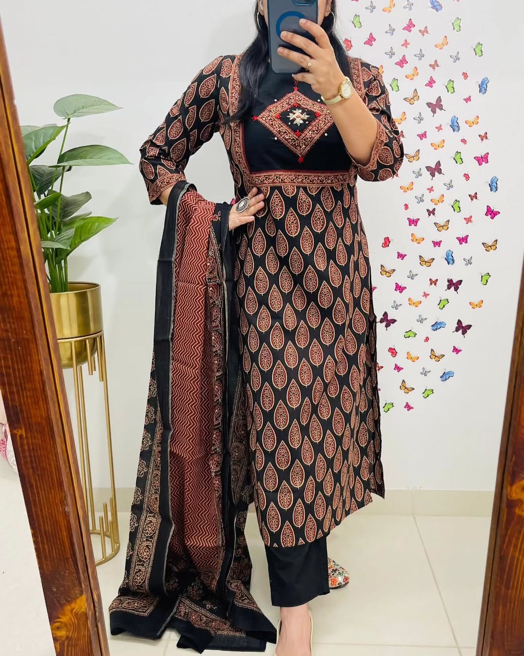 Libas Classic Black & Rust Ethnic Cotton Suit Set