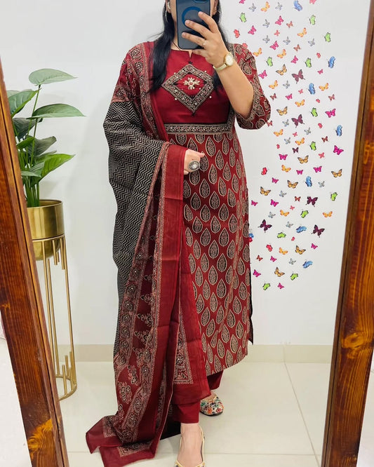 Libas Elegant Maroon Block Print Cotton Suit Set