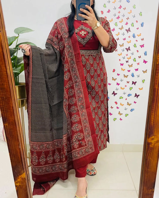 Libas Elegant Maroon Block Print Cotton Suit Set
