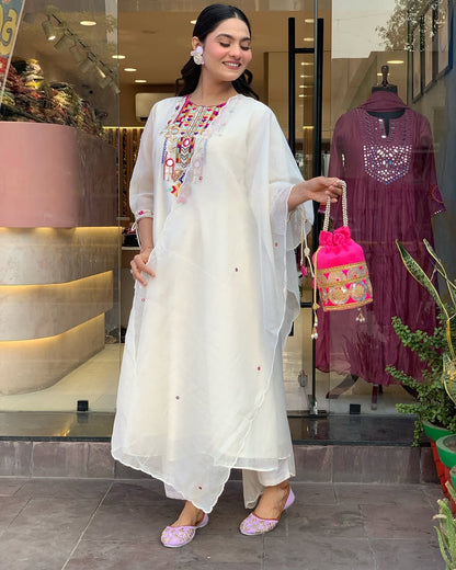Libas Elegant Off-White Kurta Set With Multicolor Embroidery And Dupatta
