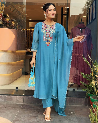 Libas Teal Blue Kurta Set With Multicolor Embroidered Yoke
