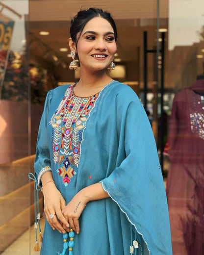 Libas Teal Blue Kurta Set With Multicolor Embroidered Yoke