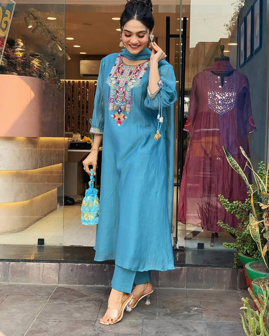 Libas Teal Blue Kurta Set With Multicolor Embroidered Yoke