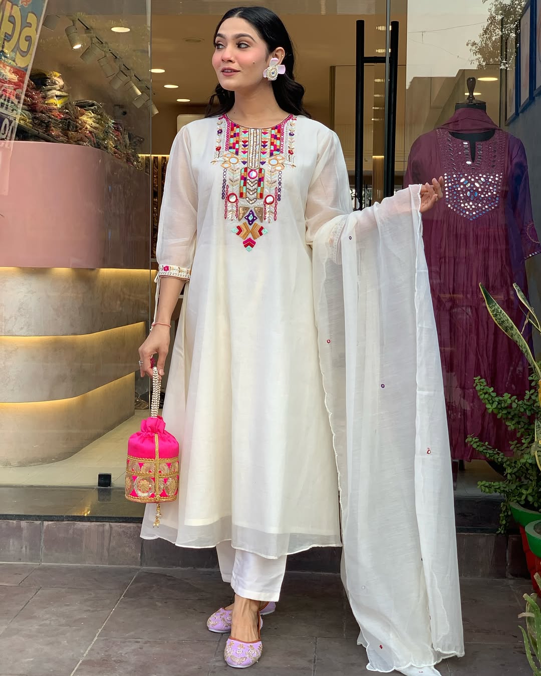 Libas Elegant Off-White Kurta Set With Multicolor Embroidery And Dupatta