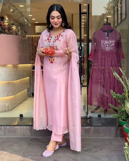 Libas Blush Pink Kurta Set With Colorful Embroidered Yoke And Dupatta