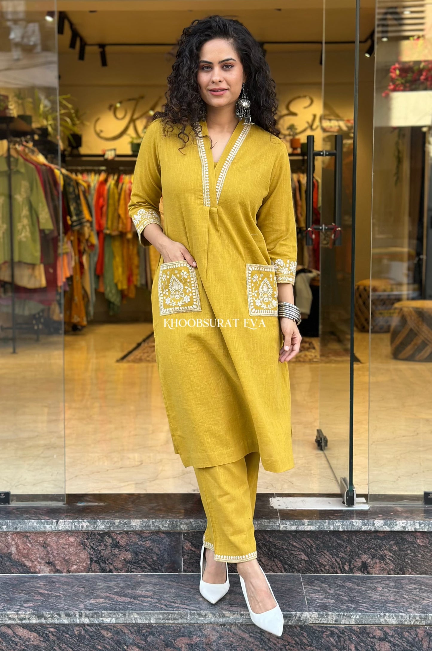Libas Mustard Yellow Embroidered Cotton Kurta Set