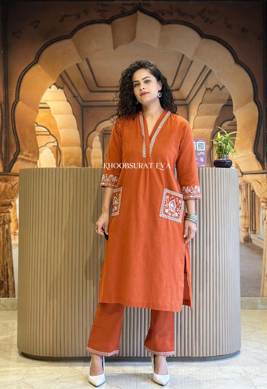 Libas Rust Orange Cotton Kurta Set With White Embroidery