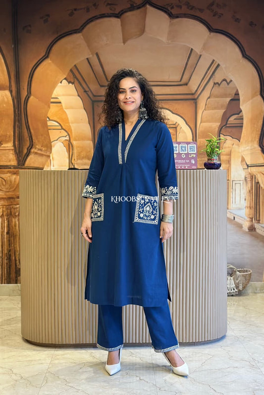 Libas Navy Blue Cotton Kurta Set With Embroidered Detailing
