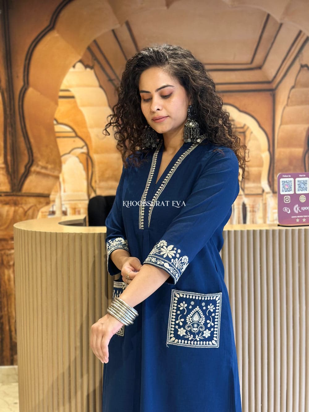 Libas Navy Blue Cotton Kurta Set With Embroidered Detailing