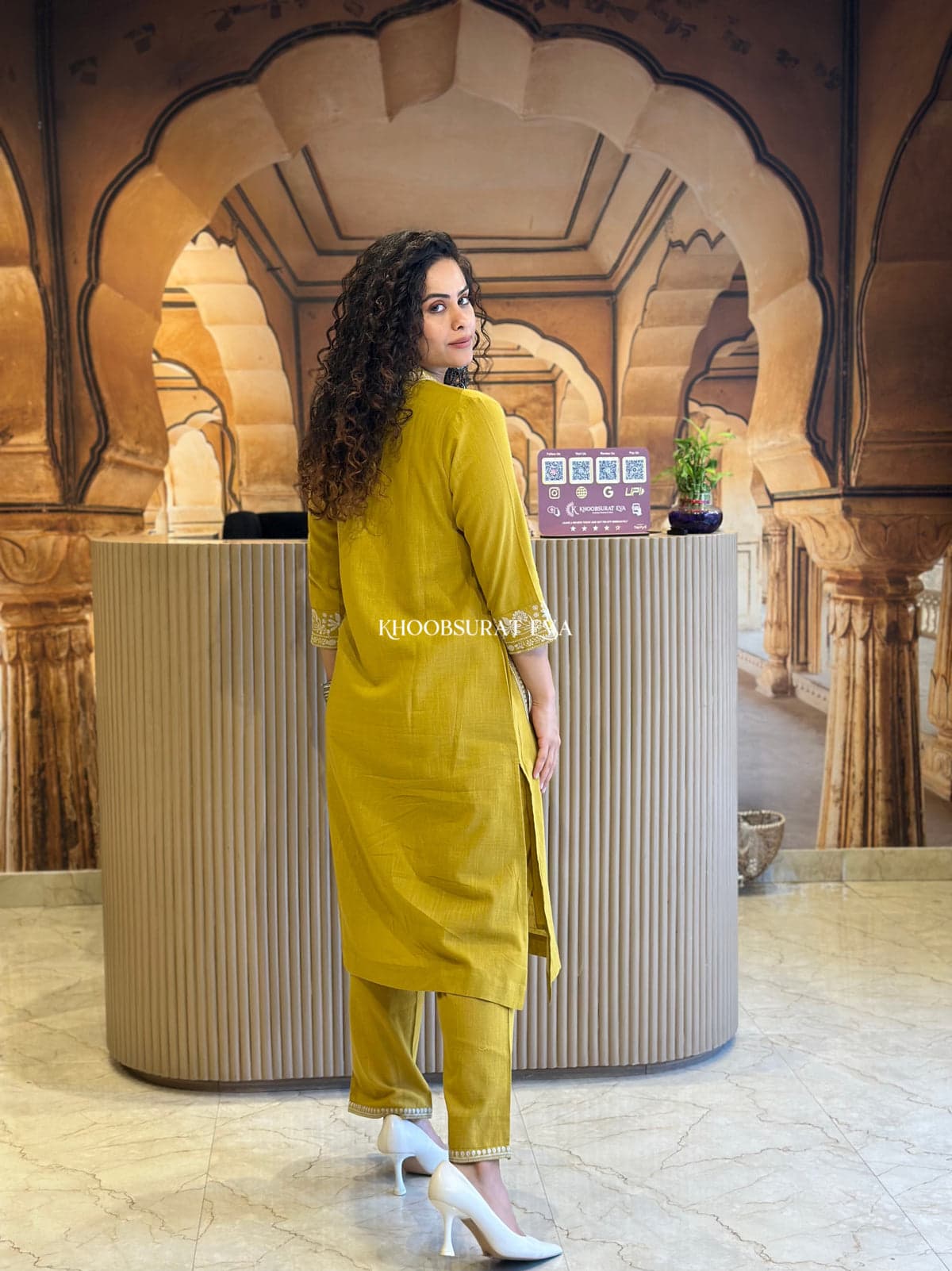 Libas Mustard Yellow Embroidered Cotton Kurta Set