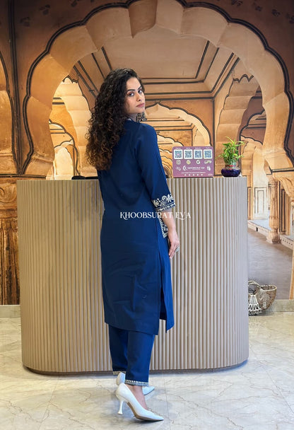 Libas Navy Blue Cotton Kurta Set With Embroidered Detailing