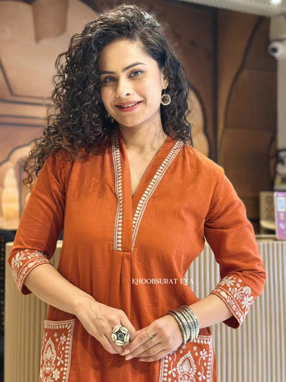 Libas Rust Orange Cotton Kurta Set With White Embroidery
