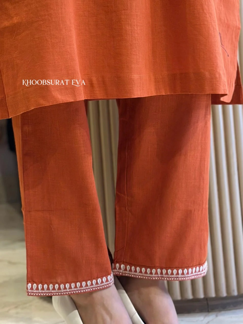 Libas Rust Orange Cotton Kurta Set With White Embroidery