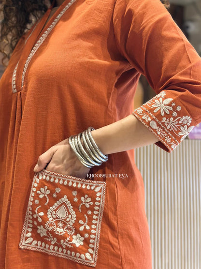 Libas Rust Orange Cotton Kurta Set With White Embroidery