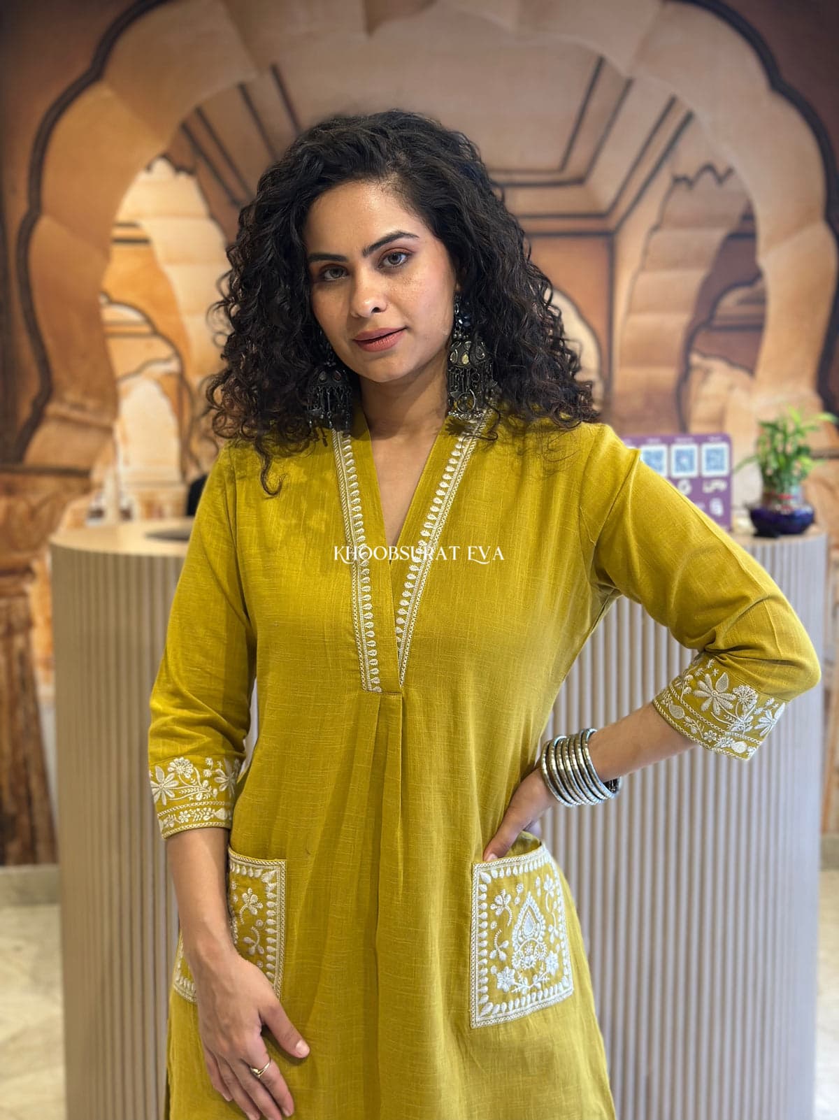 Libas Mustard Yellow Embroidered Cotton Kurta Set