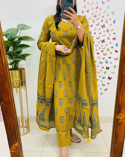 Libas Printed Mustard Kurta And Dupatta Set For Daily Elegance