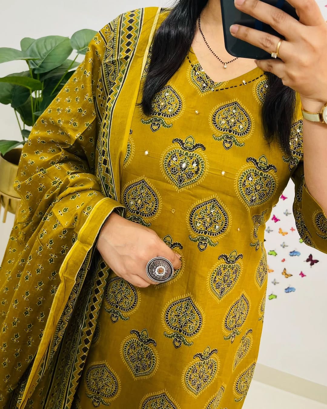 Libas Printed Mustard Kurta And Dupatta Set For Daily Elegance