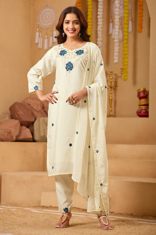 Women's Floral Embroidered Straight Cambric Cotton Kurta Set