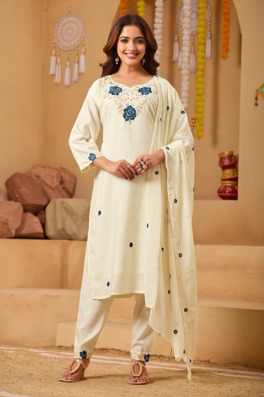 Women's Floral Embroidered Straight Cambric Cotton Kurta Set