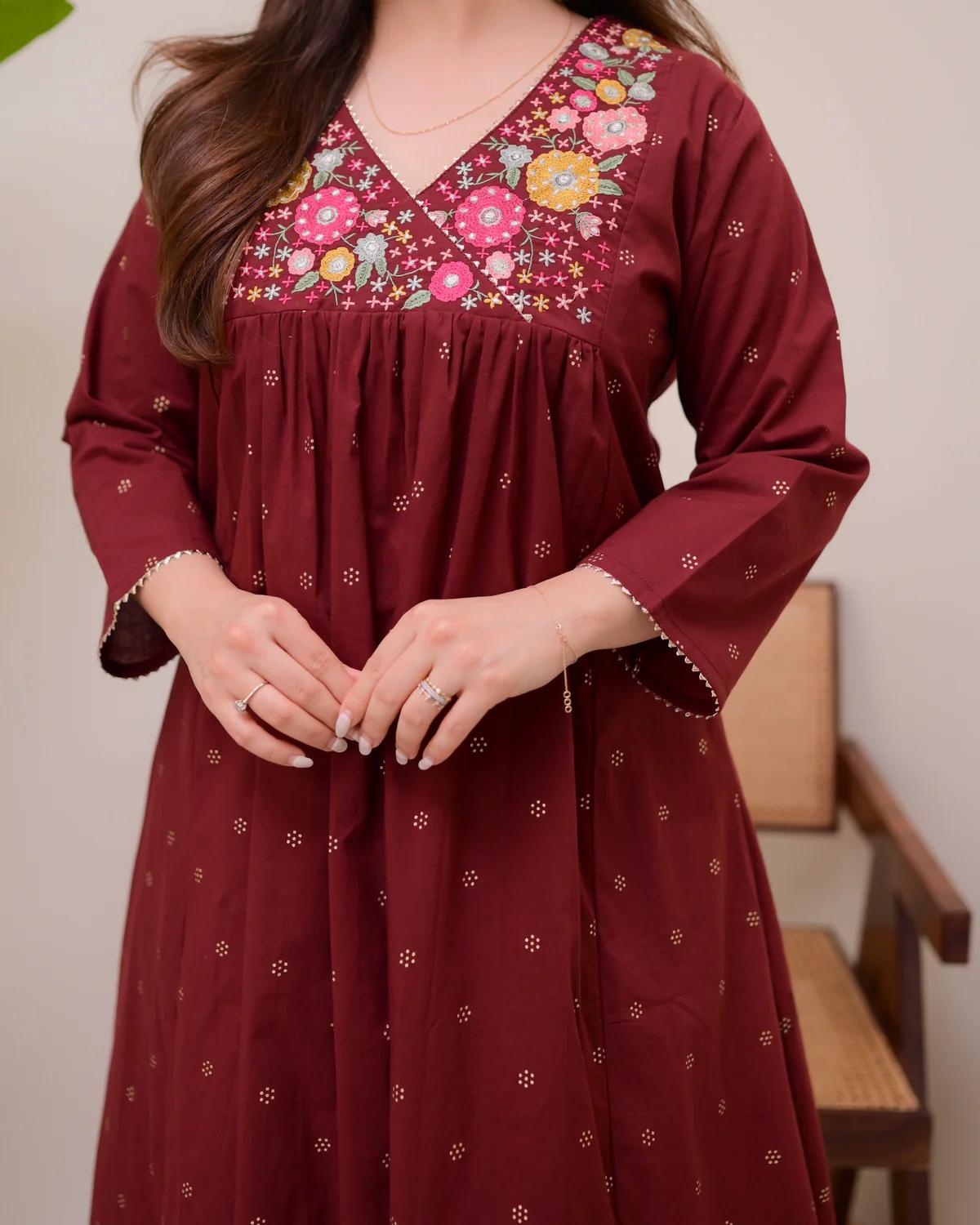 Maroon Muse Thread Embroidered Pure Cotton Kurta Set