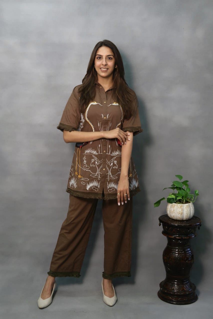 Premium Mocha Embroidered Cotton Top with Pants