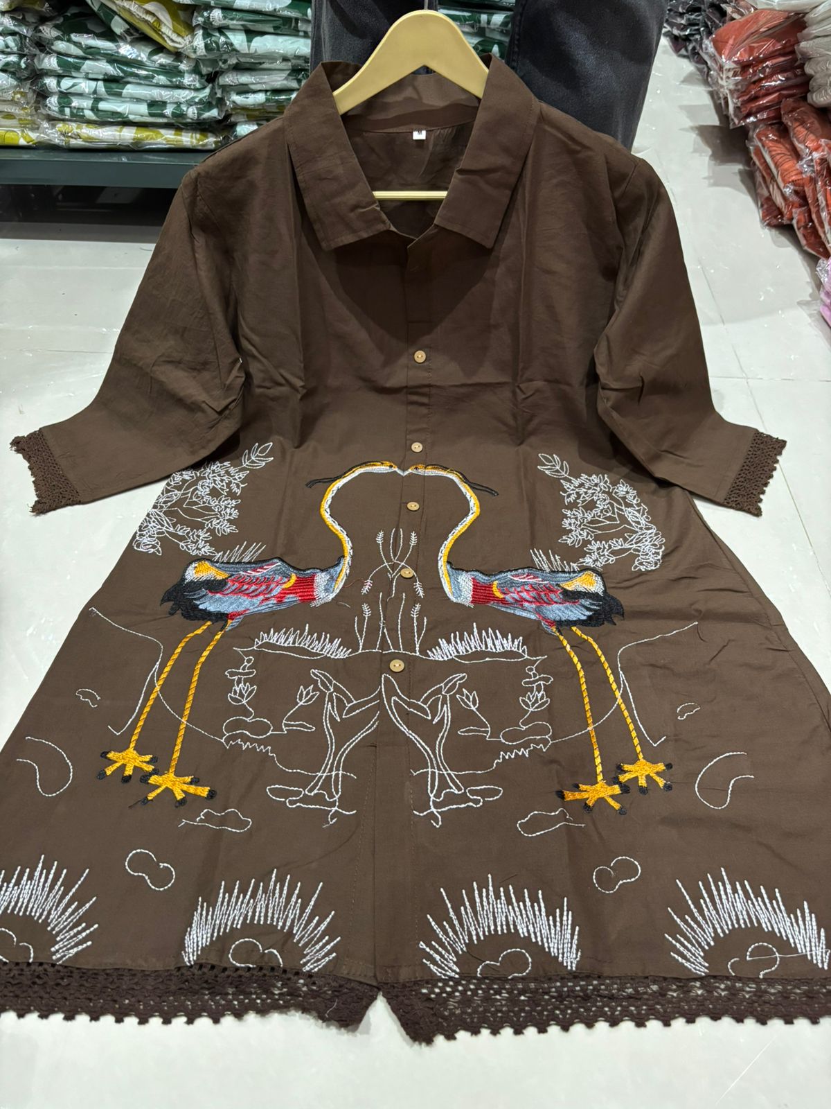 Premium Mocha Embroidered Cotton Top with Pants