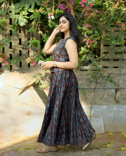 Women's Navy Blue Cotton Top with Floral Long Skirt