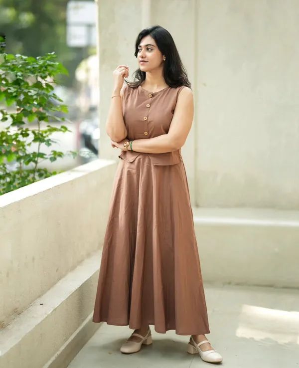 Women's Brown Cotton Corset Top with Floral Long Skirt