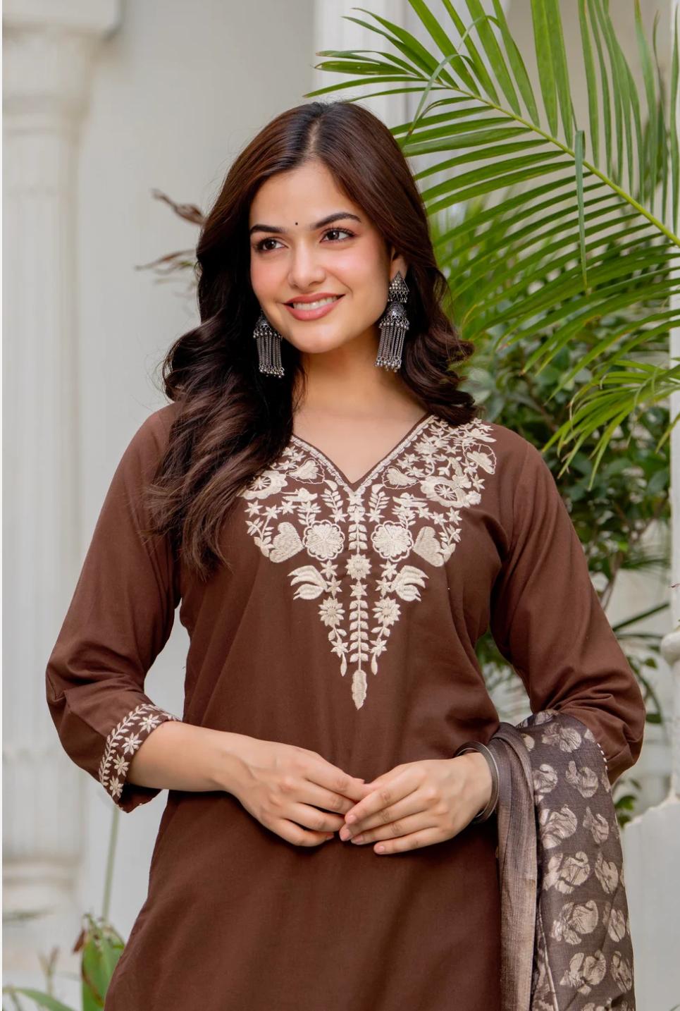Brown Embroidered Cotton Kurta with dupatta set