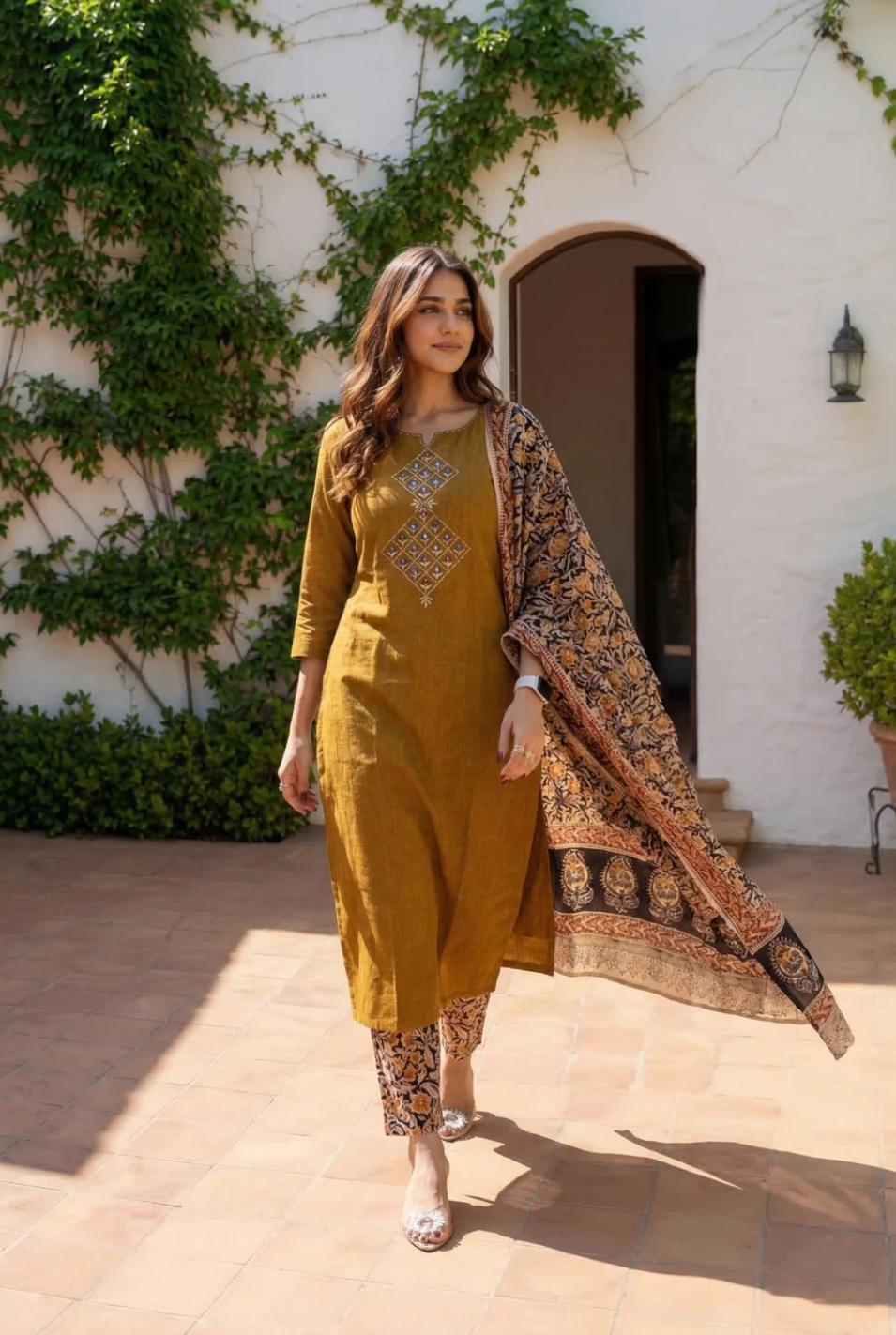 Women's Mustard Embroidered Cotton Kurta with Dupatta set