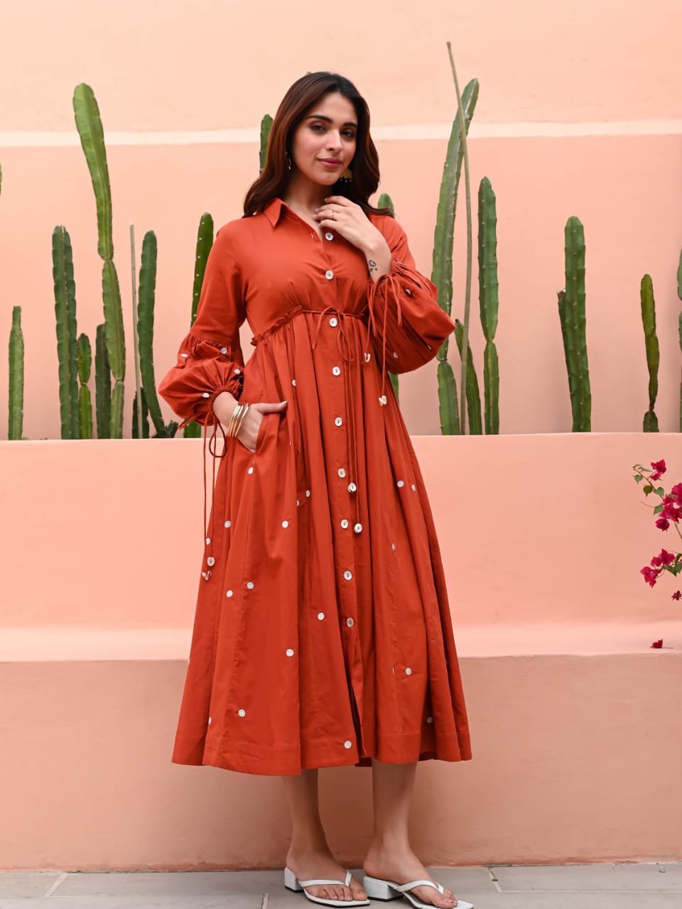 Summer Orange Flared Cotton Midi Dress