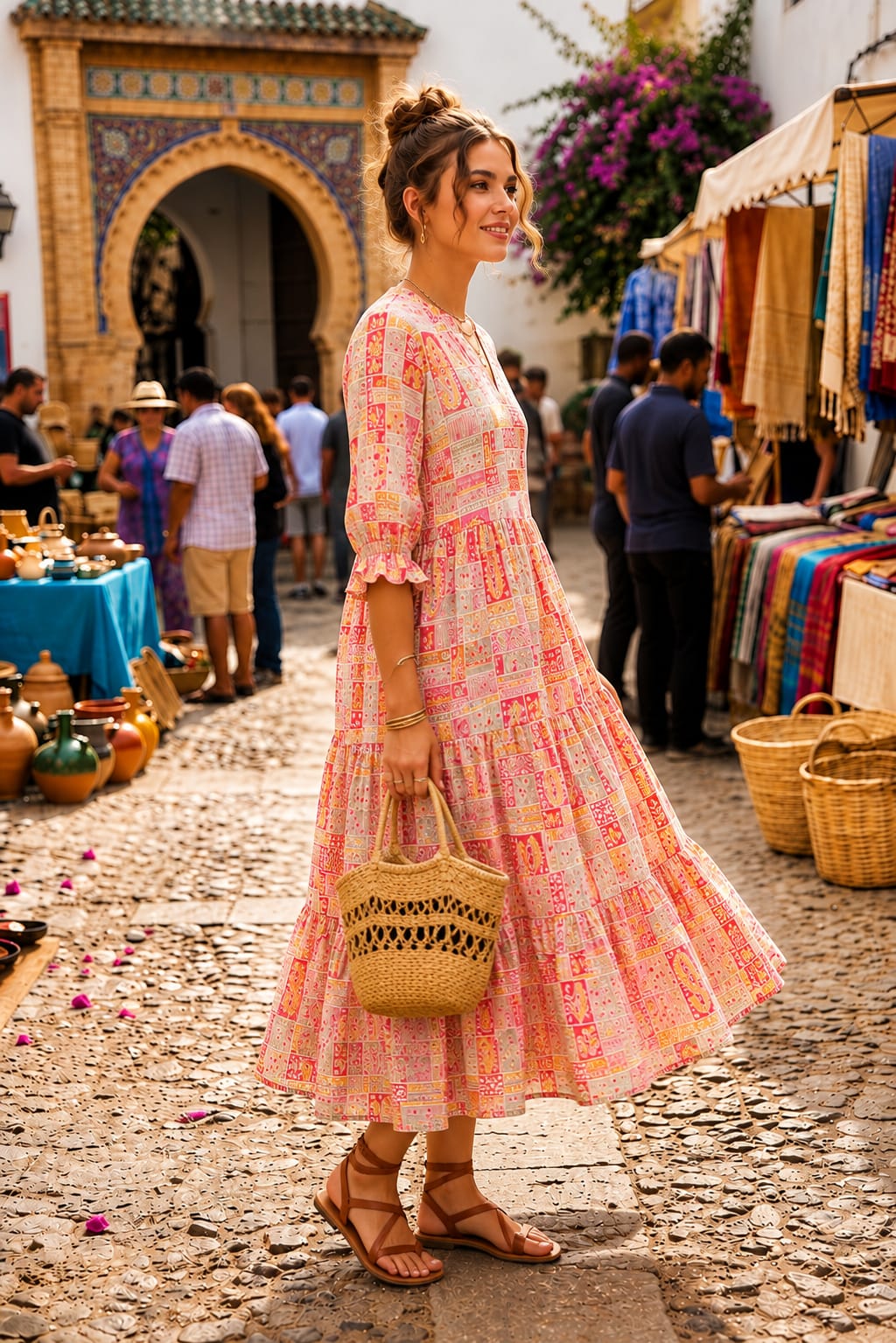 Pink Multicolour Geometric Printed Tiered Midi Dress