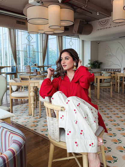 Red Solid Kurta with White Cherry Print Pants