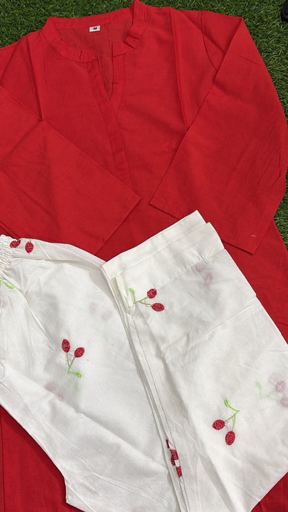 Red Solid Kurta with White Cherry Print Pants