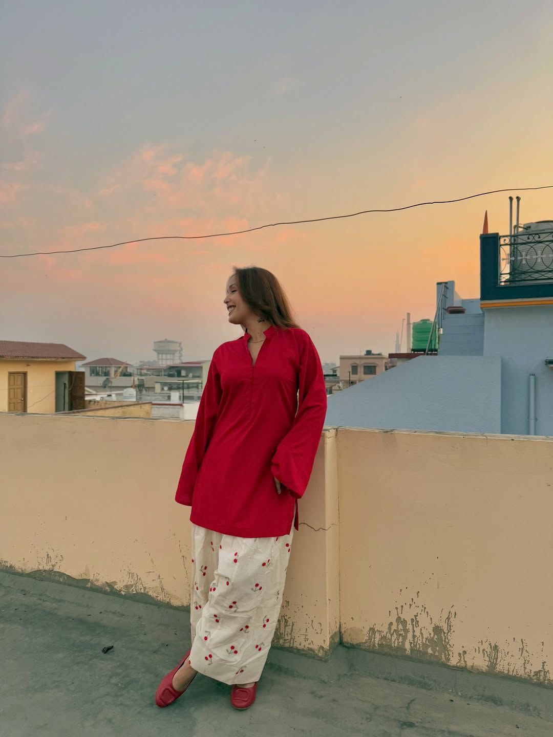 Red Solid Kurta with White Cherry Print Pants