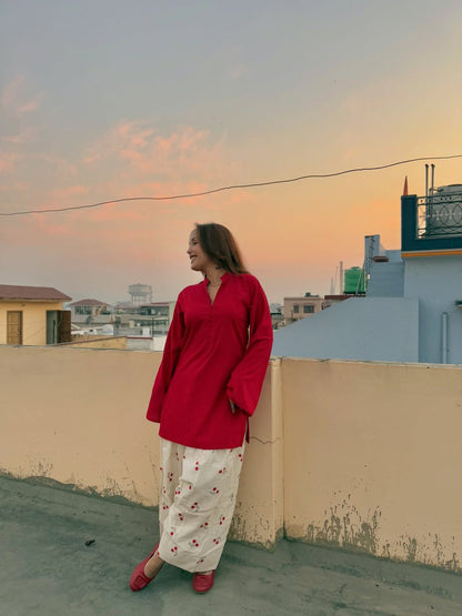 Red Solid Kurta with White Cherry Print Pants