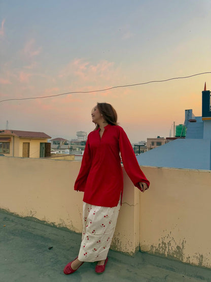 Red Solid Kurta with White Cherry Print Pants