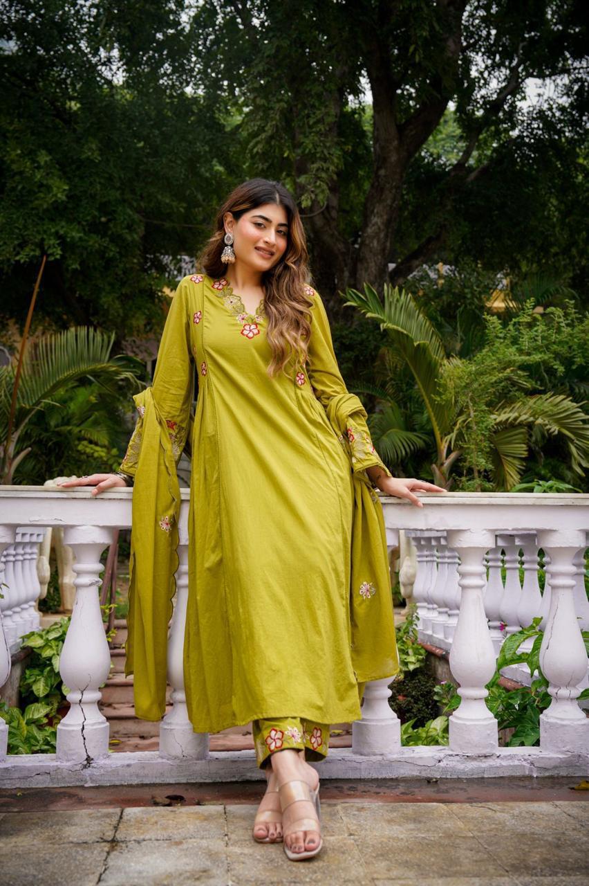Lime Green Embroidered Anarkali Kurta Pant Set With Dupatta For Women