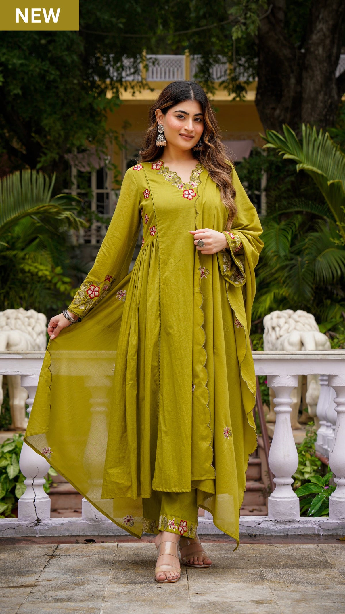Lime Green Embroidered Anarkali Kurta Pant Set With Dupatta For Women