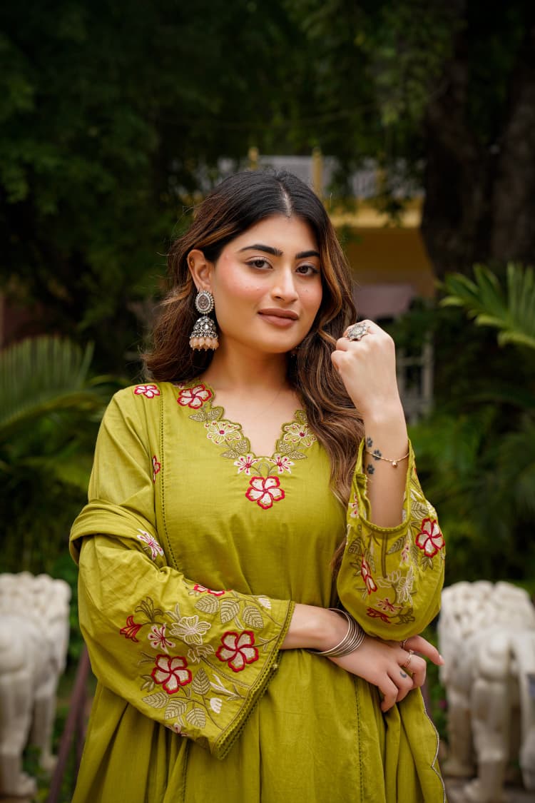 Lime Green Embroidered Anarkali Kurta Pant Set With Dupatta For Women