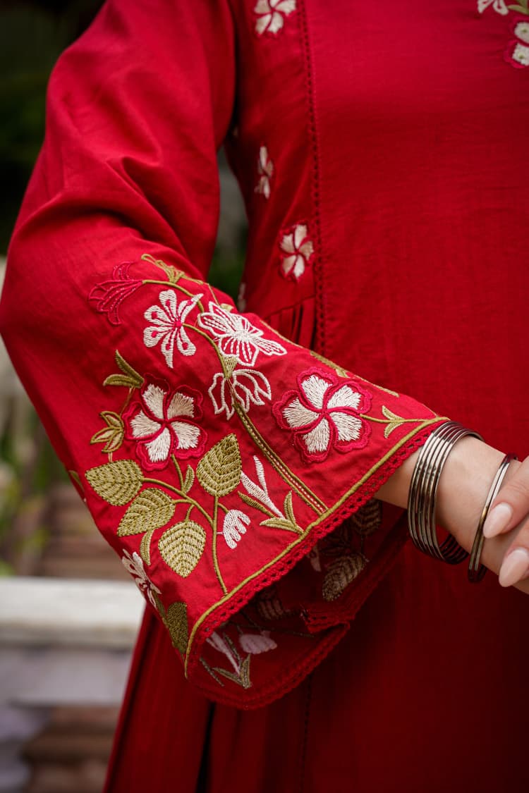 Red Embroidered Anarkali Kurta Pant Set With Dupatta For Women