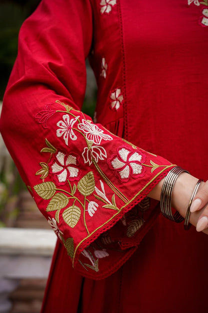 Red Embroidered Anarkali Kurta Pant Set With Dupatta For Women