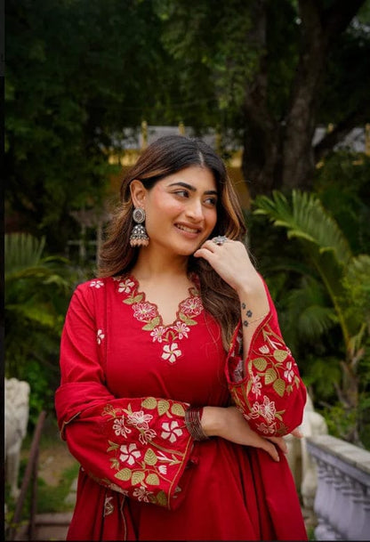 Red Embroidered Anarkali Kurta Pant Set With Dupatta For Women